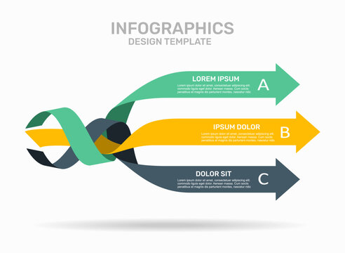 Three-step infographic design template featuring interwoven horizontal labeled arrows. Vector illustration.