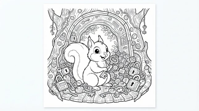 Cute squirrel sitting with many keys and locks in a forest scene