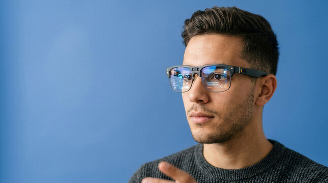 Young man wearing AR glasses and pondering against a blue background  