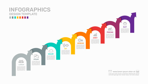 Eight-step infographic template with a winding curved arrow line. Vector illustration.
