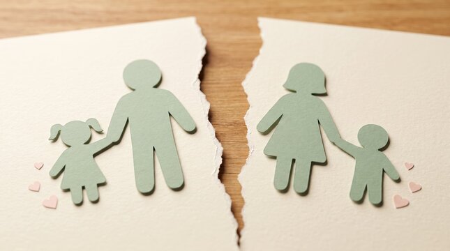 paper cutout family broken apart on torn paper background