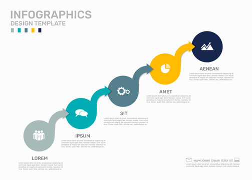 Five-step infographic template with a diagonal sequence of connected circles. Vector illustration..