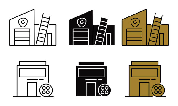 Of factory and cinema buildings in different visual styles and color palettes