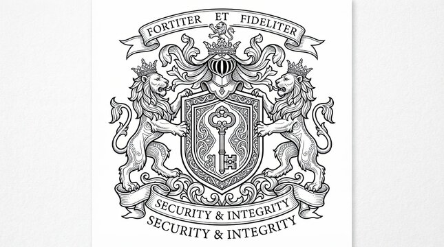 Black and white royal coat of arms emblem with two lions and a key