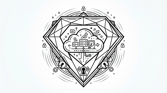Cloud computing server security icon with diamond and lock design