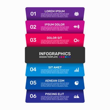 Infographic design template featuring stacked colorful rectangular banners with numbers, dummy text. Vector illustration.