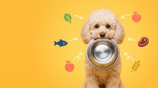Cute dog holding empty food bowl with healthy ingredients around