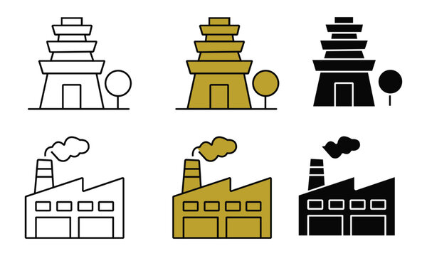 Pagoda and factory in outline solid gold and solid black styles