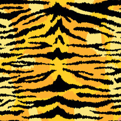 Naklejka premium Tiger leather seamless pattern. Vector wild animal skin detailed flat texture, black stripes fur print on orange spotted background. Abstract jungle safari texture for fabric, decor, fashion, textile.