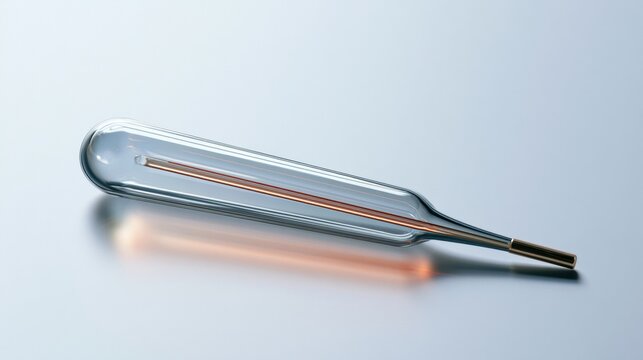 A glass thermometer leans softly on a clean surface, showing no numbers as it eases into a lower temperature with gentle illumination.
