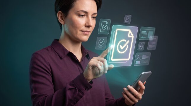 woman interacting with futuristic digital interface on smartphone