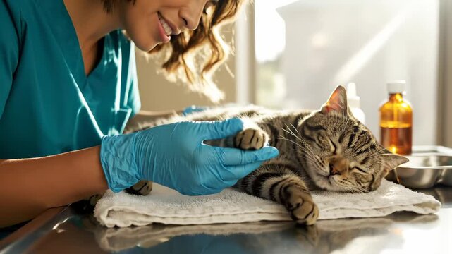 Veterinarian examines tabby cat on clinic table with gloves. Vet checks cat during examination at veterinary clinic. Cat receives medical care from veterinarian. Tabby cat examined on table by vet.