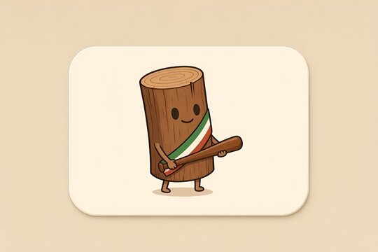 Viral Social Media Trend Fictional Log-Like Grinning Indonesian Tung Tung Tung Sahur Italian Brainrot Simple Anthropomorphic Meme Figure Cartoon Character Wearing Kerchief Holding a Small Wooden Bat.