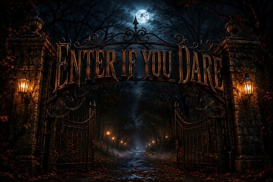 Enter if you dare gothic gate invitation to dark misty forest path under full moon light.