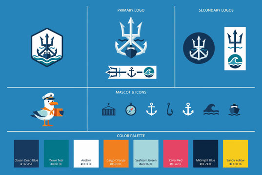 Maritime Logistics Brand Identity System with Trident Logo and Mascot