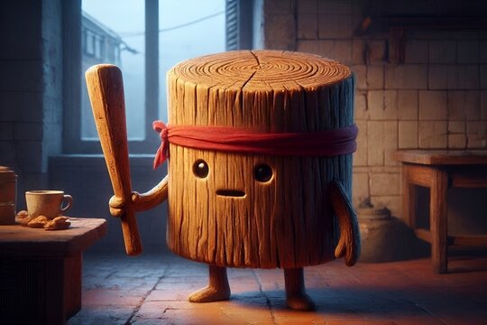 Viral Social Media Trend Fictional Log-Like Grinning Indonesian Tung Tung Tung Sahur Italian Brainrot Simple Anthropomorphic Meme Figure Cartoon Character Wearing Kerchief Holding a Small Wooden Bat.