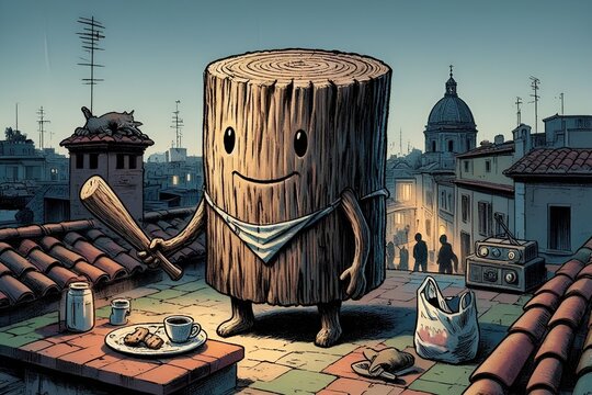 Viral Social Media Trend Fictional Log-Like Grinning Indonesian Tung Tung Tung Sahur Italian Brainrot Simple Anthropomorphic Meme Figure Cartoon Character Wearing Kerchief Holding a Small Wooden Bat.