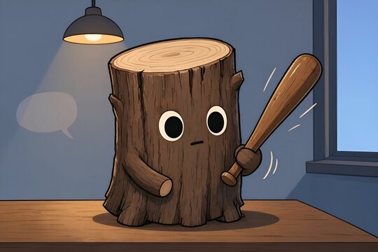 Viral Social Media Trend Fictional Log-Like Grinning Indonesian Tung Tung Tung Sahur Italian Brainrot Simple Anthropomorphic Meme Figure Cartoon Character Wearing Kerchief Holding a Small Wooden Bat.