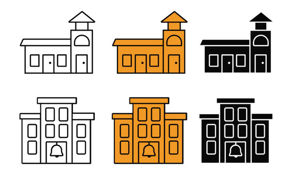 School and building with bell in multiple styles and color options