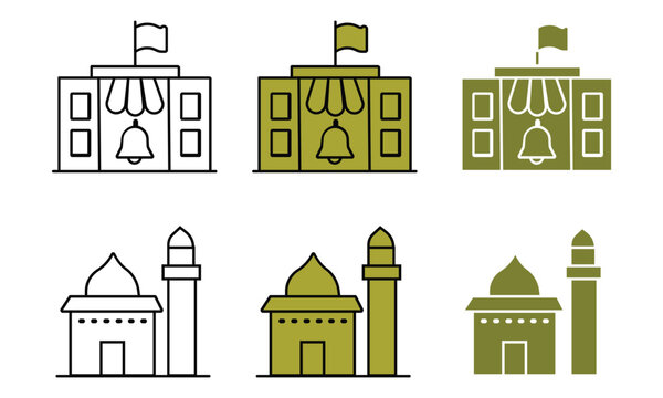 School building with bell and mosque in outline, color, and silhouette styles