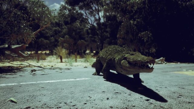 Midday moss crocodile installation beside trees, lifelike scale and open jaws above gravel path, dappled sunlight through canopy, tactile moss surfaces