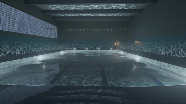 Empty indoor swimming pool at night with underwater lights and water caustics, seamless loop