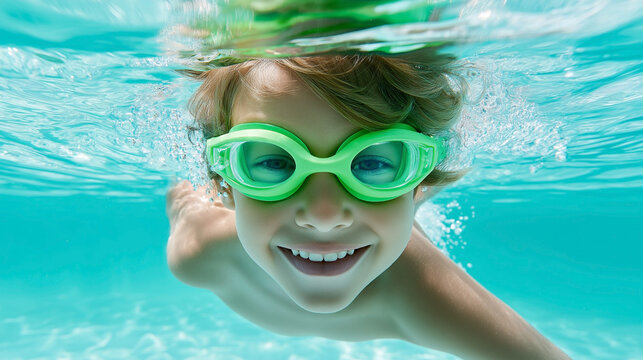Smiling child swimming underwater in pool wearing green goggles, enjoying active summer recreation and aquatic fun