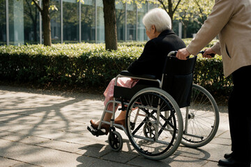 Obraz premium Senior woman sits in wheelchair outdoors on sunny day. Caregiver pushes elderly lady in mobility device along city sidewalk near green bushes. Disabled person receives assistance, support from