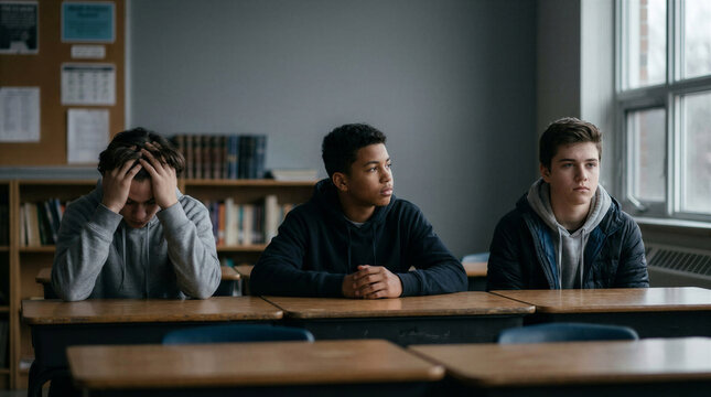 Three young men sitting at a desk in a classroom looking concerned  
