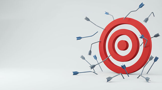 A 3D render illustrating a failure concept with multiple arrows completely missing the target symbolizing inaccuracy wrong direction and unsuccessful attempts arrows arrow target bullseye goal aim