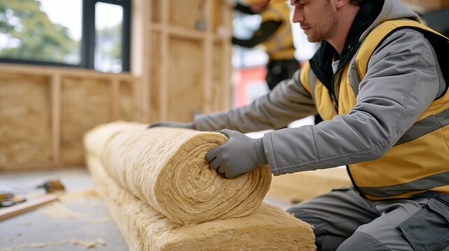 Kazakh insulation contractor unrolling thick mineral wool batts between exposed timber wall studs inside a colorful market conversion space, sawdust and tools scattered on
