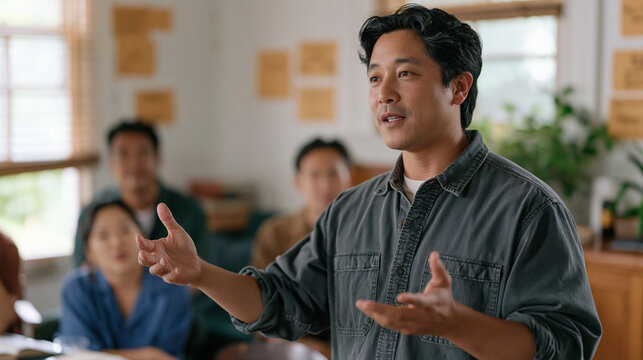 Escape room host briefing a multicultural group of guests in a modest converted home room, clues visible on walls, mindfulness and presence implied by his calm deliberate