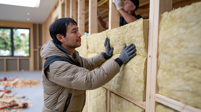 Kazakh insulation contractor unrolling thick mineral wool batts between exposed timber wall studs inside a colorful market conversion space, sawdust and tools scattered on