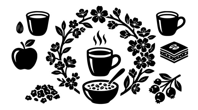 Festive Spring Food Collection Yogurt Muesli Apple Cider Baklava Dessert Vector Illustration