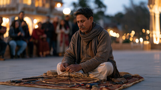 Umbrella repair craftsman kneeling at dusk in a quiet city square, tools spread across a worn mat, a small group gathering at twilight to watch him reframe a broken canopy using