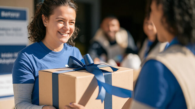 Animal shelter worker receiving gift wrapped donation box at shelter entrance under harsh midday sun, before and after signage on the wall showing intake versus adoption rates,