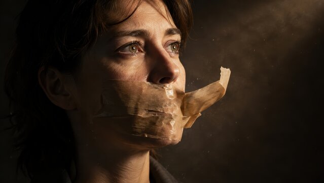 Close-up portrait of woman with mouth taped shut and peeling adhesive tape in dramatic side lighting