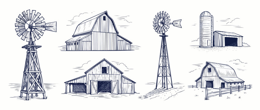 Vintage farm barn windmill illustration vector set featuring rustic wooden barns, farmhouses, silos, and water pumping windmills in detailed hand drawn line art style on isolated white background.
