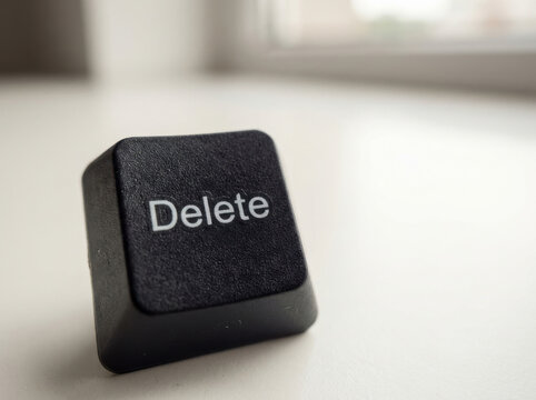 Delete key close up macro photo with black plastic texture on white surface, minimalistic and clean background