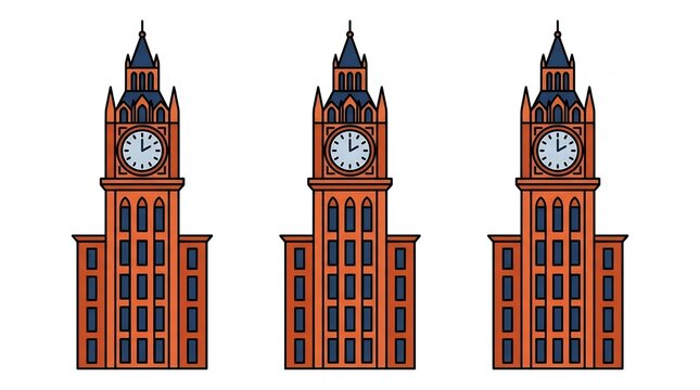 Clock tower building set in flat vector illustration style
