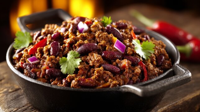Hearty Chili with Ground Beef and Red Kidney Beans in Cast Iron Pan