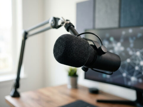 Professional microphone with pop filter on adjustable arm in modern recording studio setup with blurred background