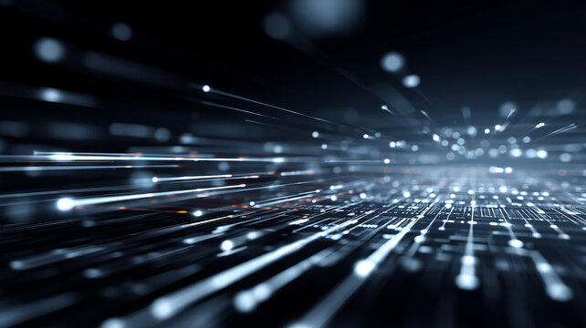 Abstract high speed fiber optic data stream over digital circuit board background. Artificial intelligence, big data connection concept 3d.