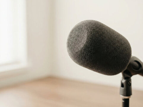 Black microphone with foam cover close up in bright room, professional audio equipment for clear sound recording