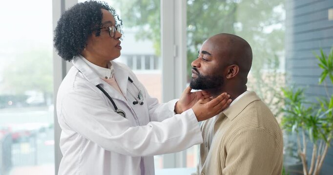 Medical, doctor or man with consulting for sore throat, thyroid exam or health check for infection. Healthcare, worker and patient in ENT clinic checkup for lymph nodes pain, tonsillitis or diagnosis