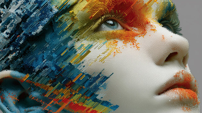 Abstract 3d digital portrait of face disintegrating into colorful voxel particles and pixels. Artificial intelligence, virtual reality concept