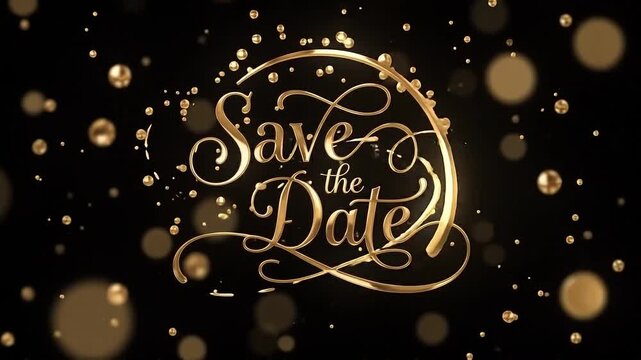 Elegant Save The Date Calligraphy With Golden Liquid Ribbon And Floating 3D Bokeh