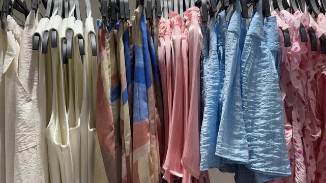 Colorful Summer Fashion Garments Hanging On Modern Clothing Store Rack