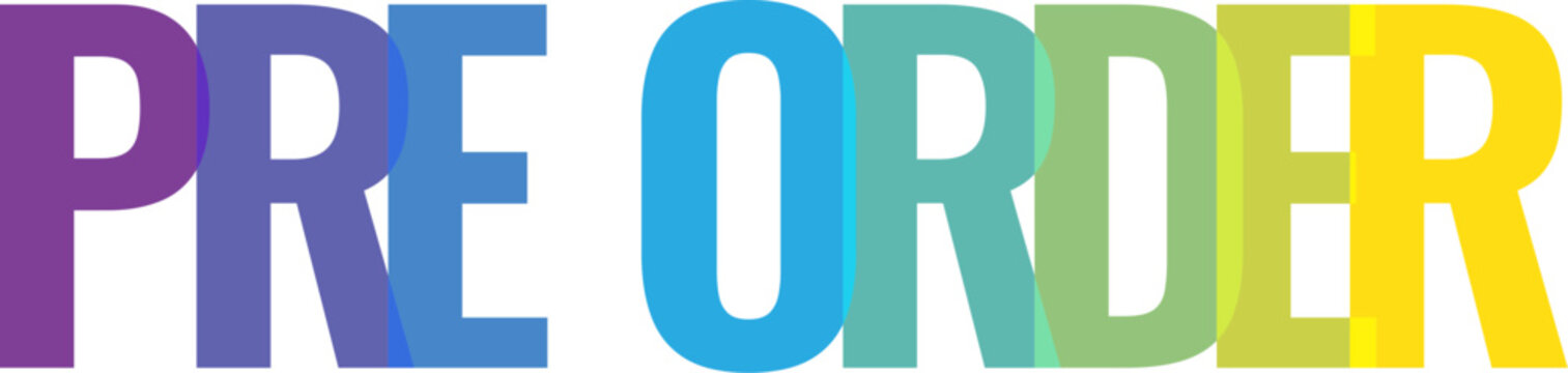 Colorful text graphic design with the word preorder in vibrant overlapping letters for commercial sale campaigns