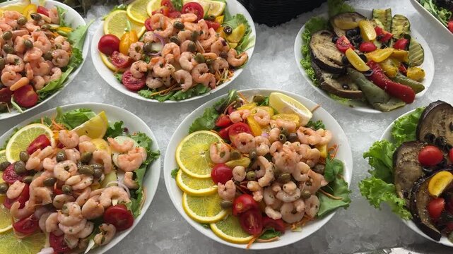 Fresh Shrimp Salad Plates With Citrus Vegetables And Capers Display